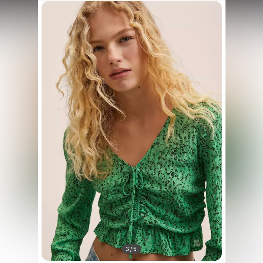 Mango Green Floral Patterned V-Neck Blouse